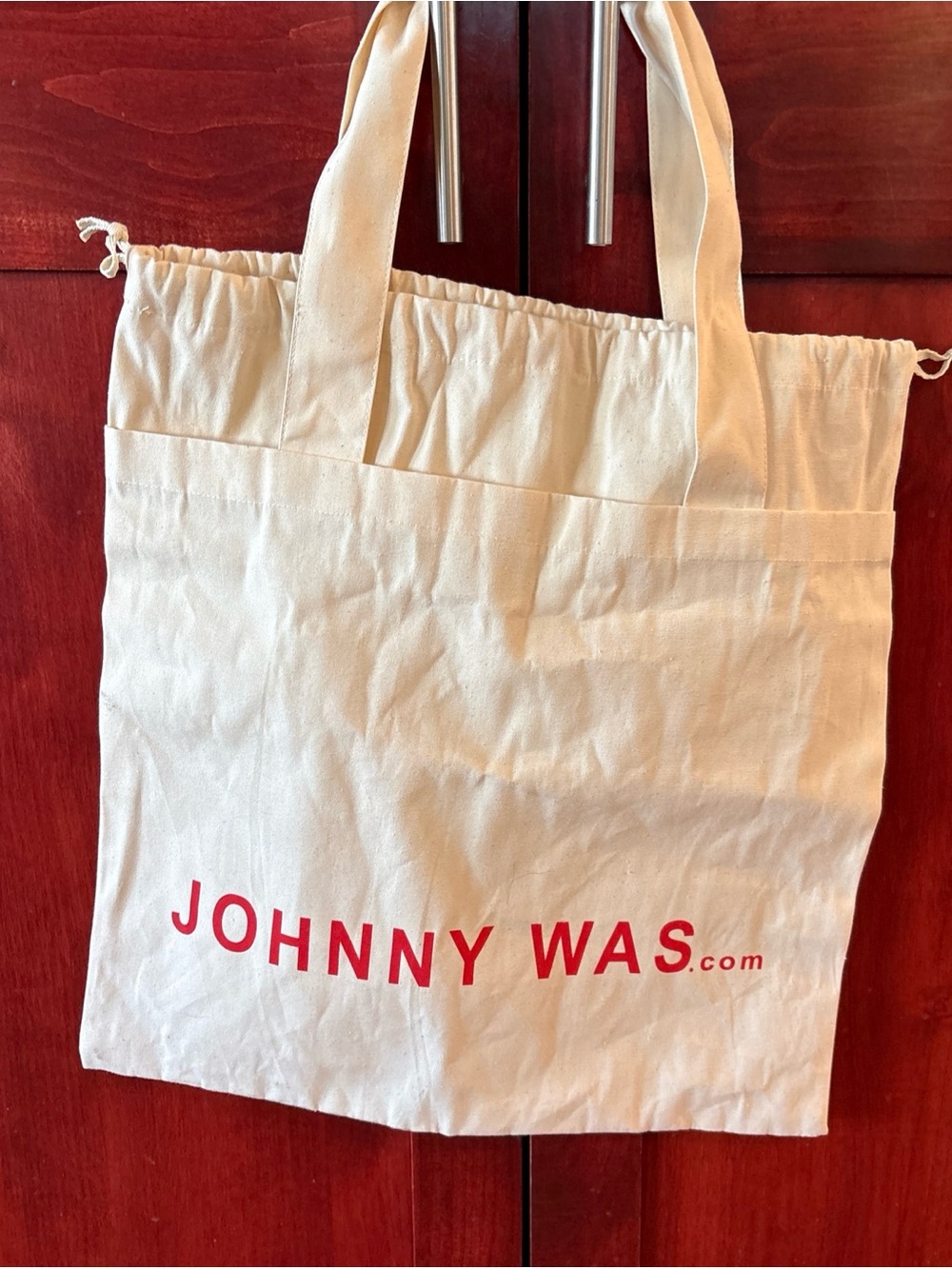 Johnny Was Natural Canvas Tote with Red Logo